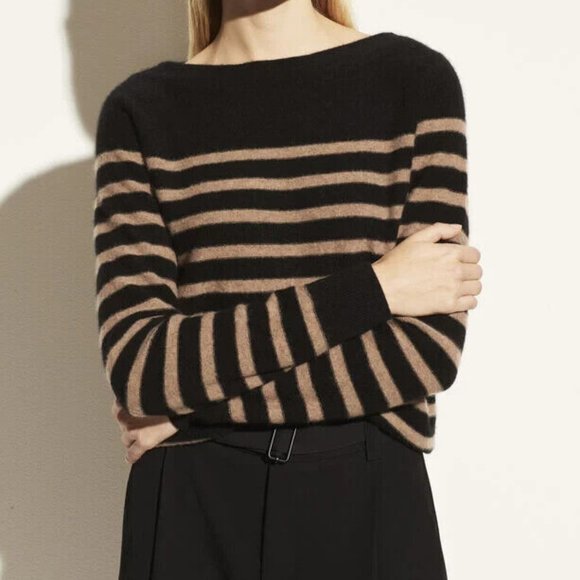 Vince Sweaters - Vince Cashmere Breton Striped Boat Neck Sweater Brown Tan Large H13607